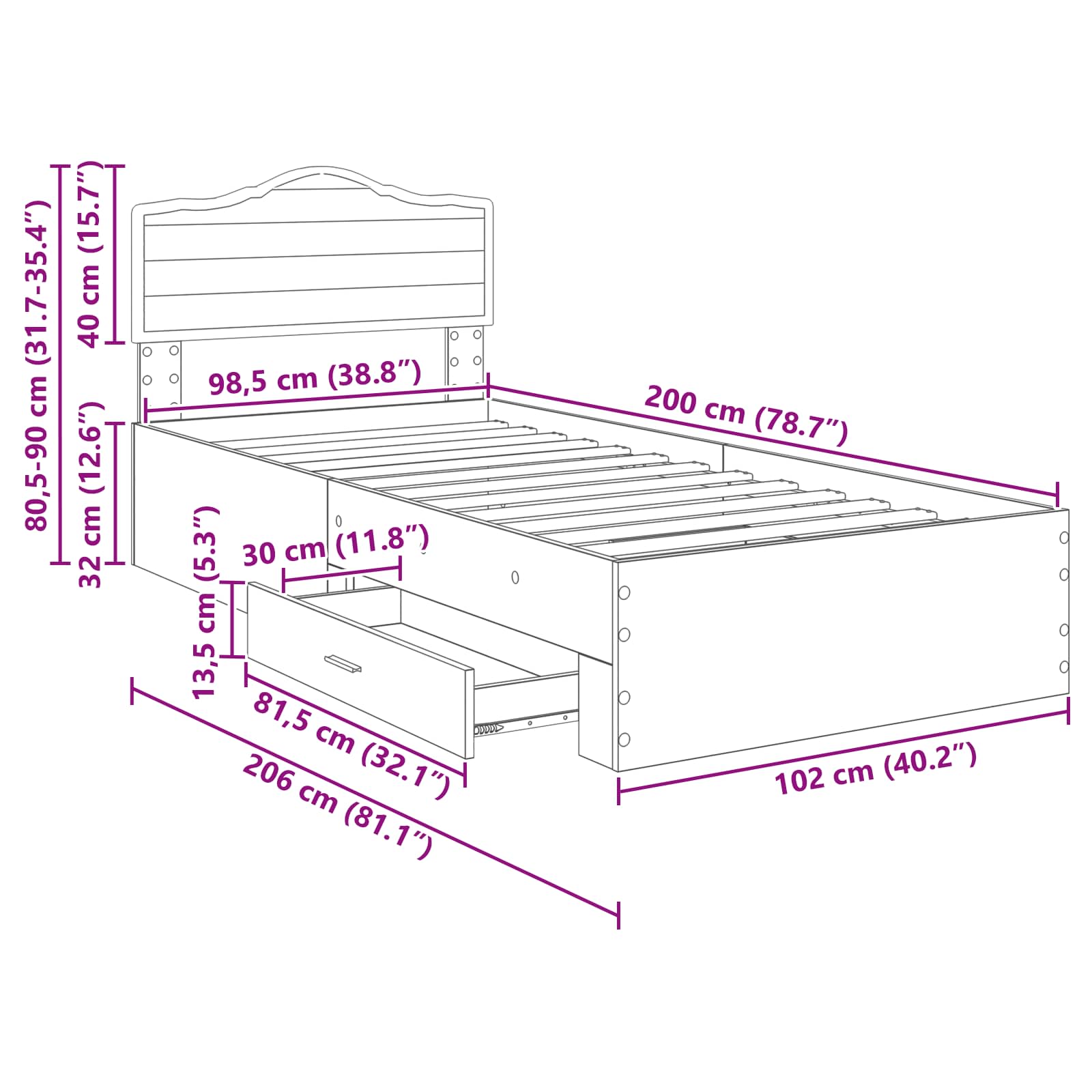 Rám postele s čelo Sonoma dub 100 x 200 cm kompozitní dřevo - obrázek 14