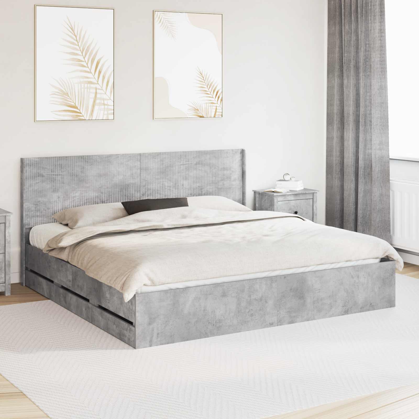 Bedframe met opbergruimte en hoofdbord Betongrijs 200 x 200 cm – afbeelding 1
