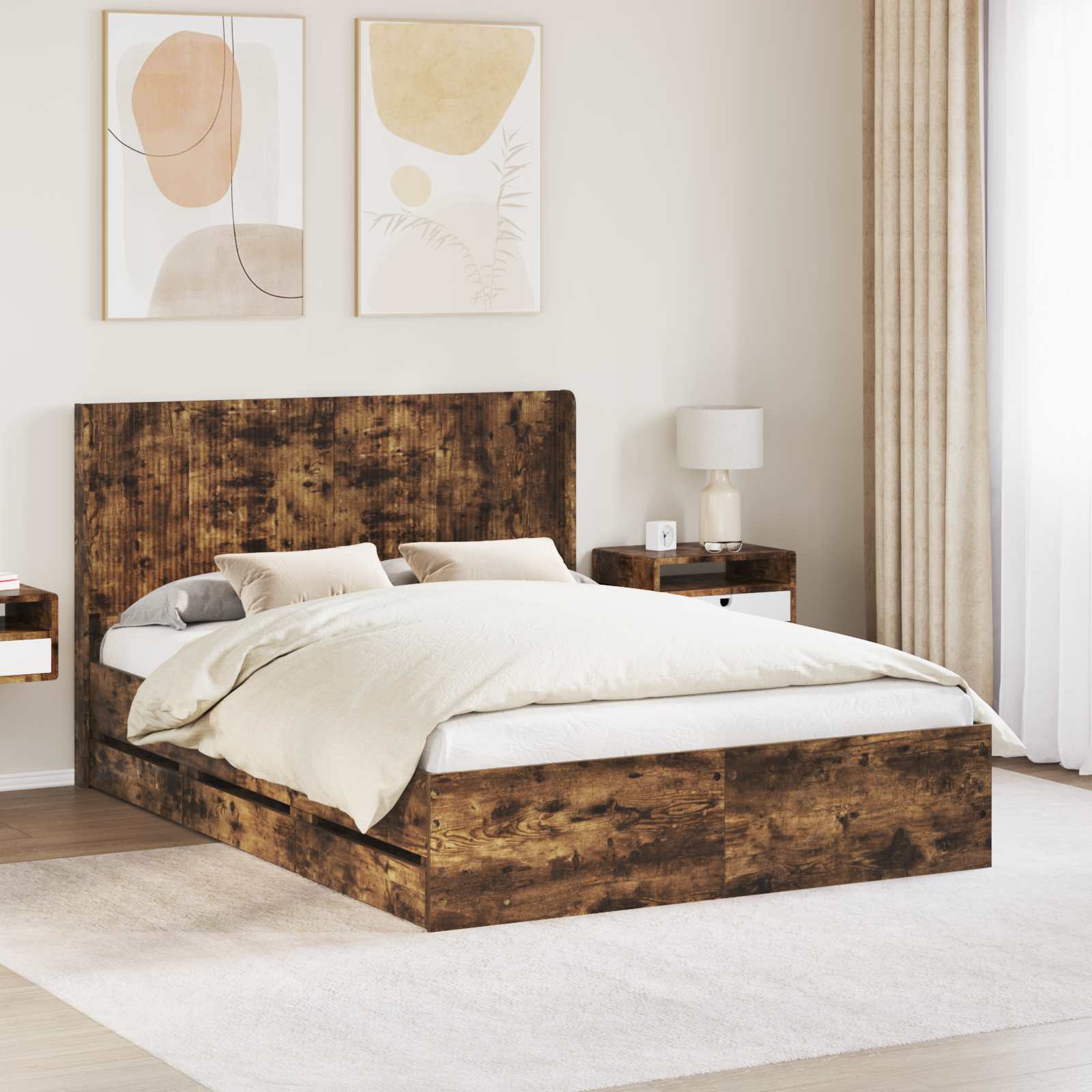 Bedframe met opbergruimte en hoofdbord met lade Gerookt eiken – afbeelding 1
