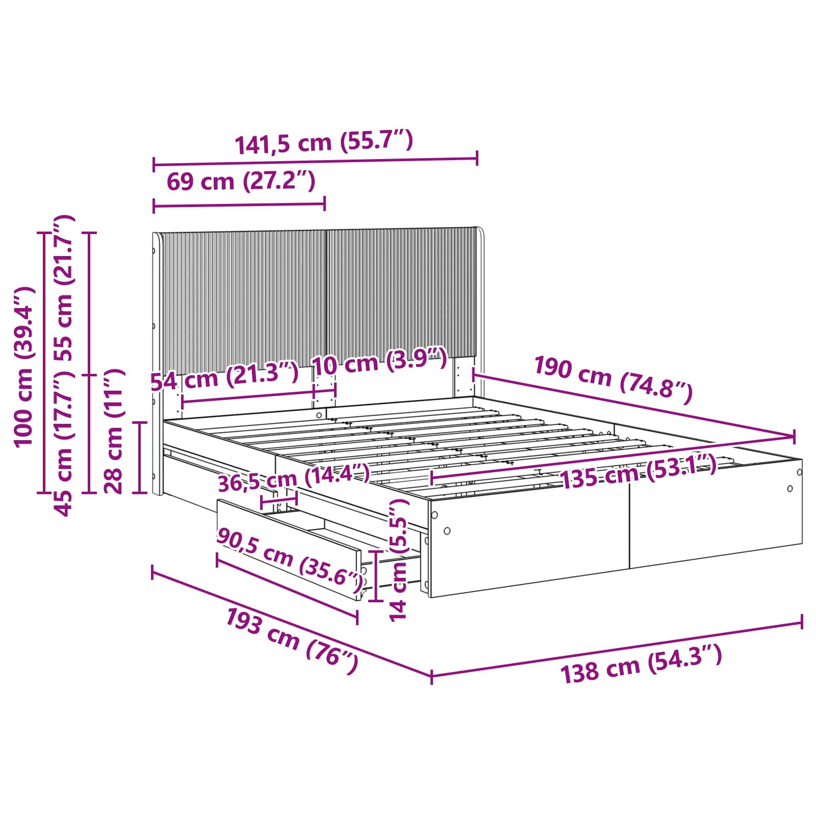 Sängynrunko säilytyksellä ja päänäytöllä Savutammi 4FT6 Double - Image 11