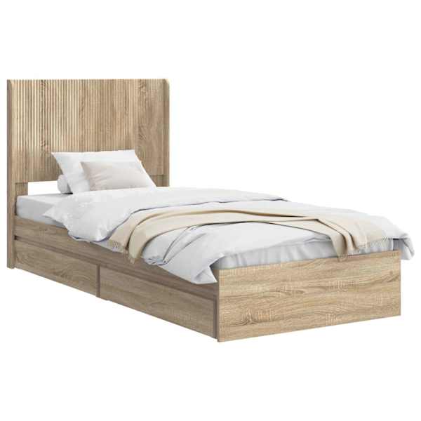 vidaXL Voode raami koos hoiuruumi ja peatoega Sonoma tamm 90 x 200 cm