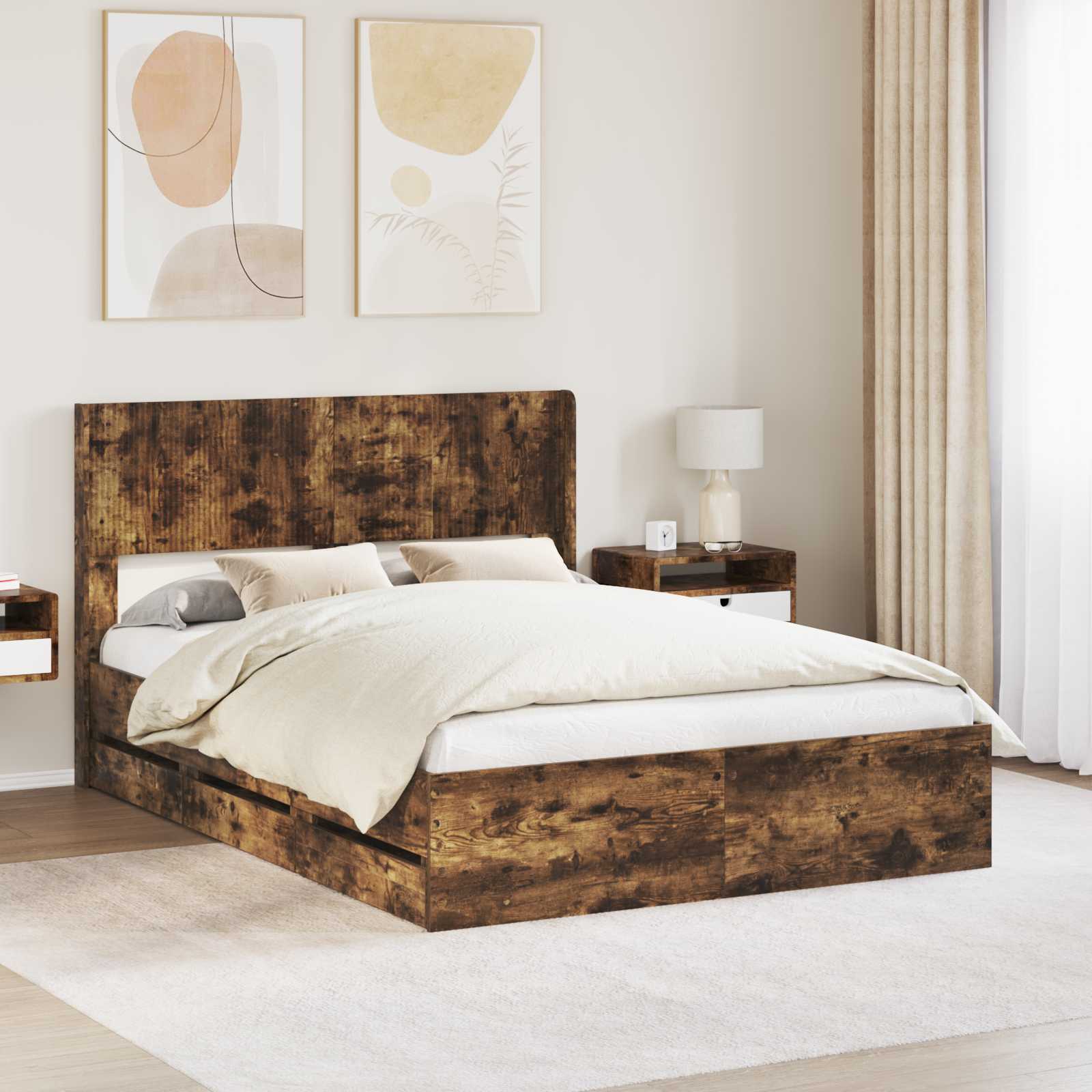 Bedframe met opbergruimte en hoofdbord met lade Gerookt eiken – afbeelding 1