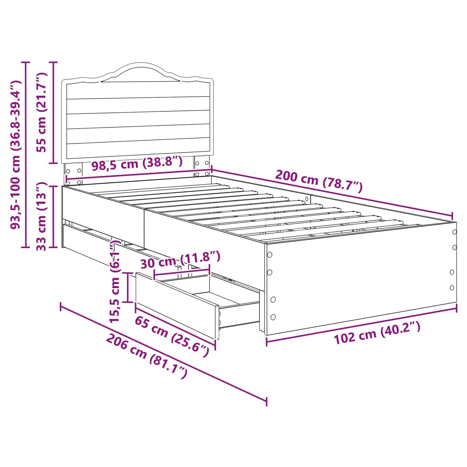 Voodi raam sahtliga peaga Must 100 x 200 cm Inseneripuit 9 Kõik vajalik sinu aeda ja koju! Voodi raam sahtliga peaga Must 100 x 200 cm Inseneripuit - Image 9