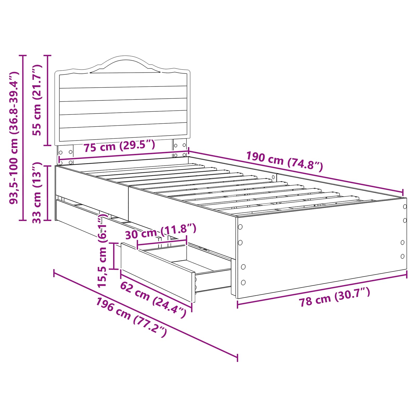 Konstrukcija postelje s predalom Sonoma hrast 75 x 190 cm - slika 13