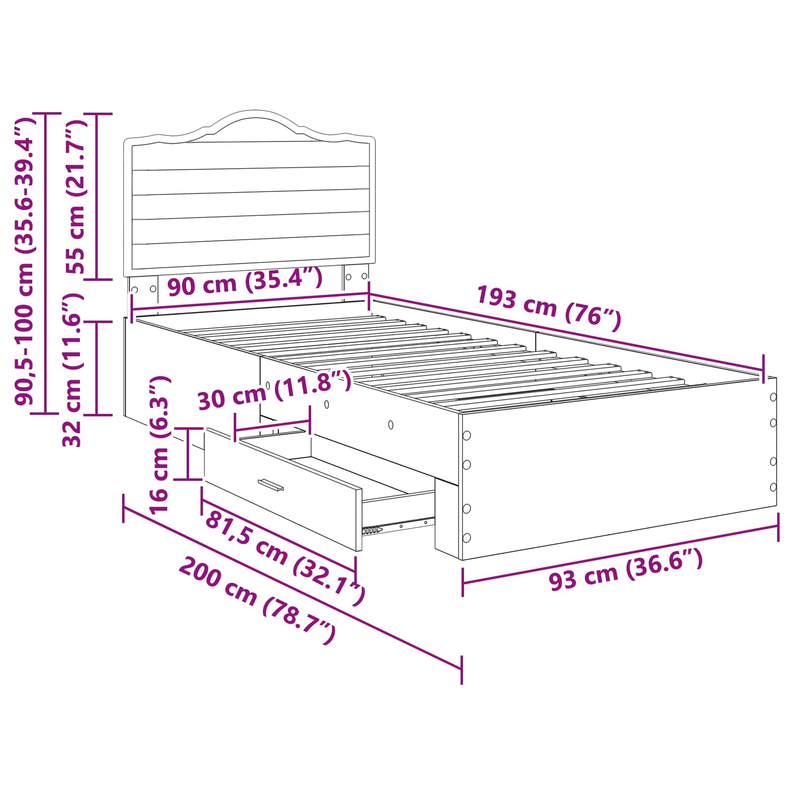 Konstrukcija postelje Sonoma hrast 90 x 190 cm Konstruiran les - slika 13