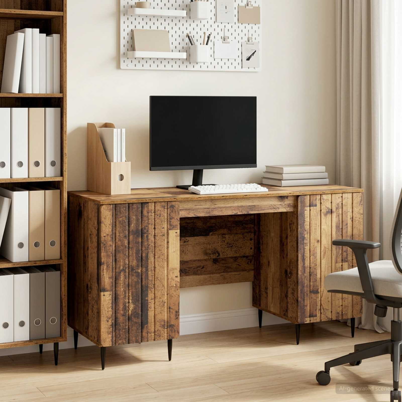 vidaXL Pöytä hyllyllä ovella Vanha puu 142,5 x 50 x 75 cm Tekninen puu