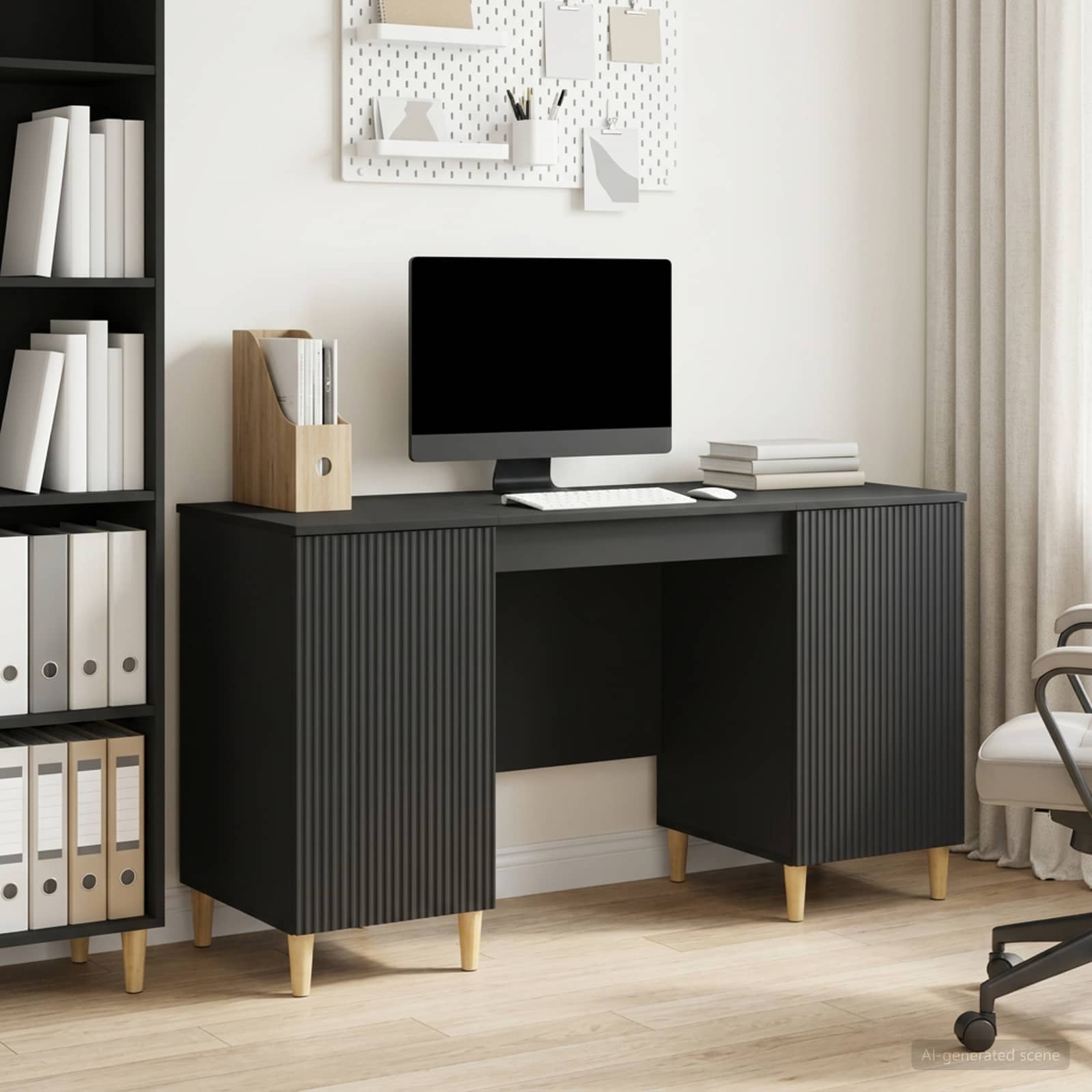vidaXL Miza s polico z vrati Črna 142,5 x 50 x 75 cm Inženirski les