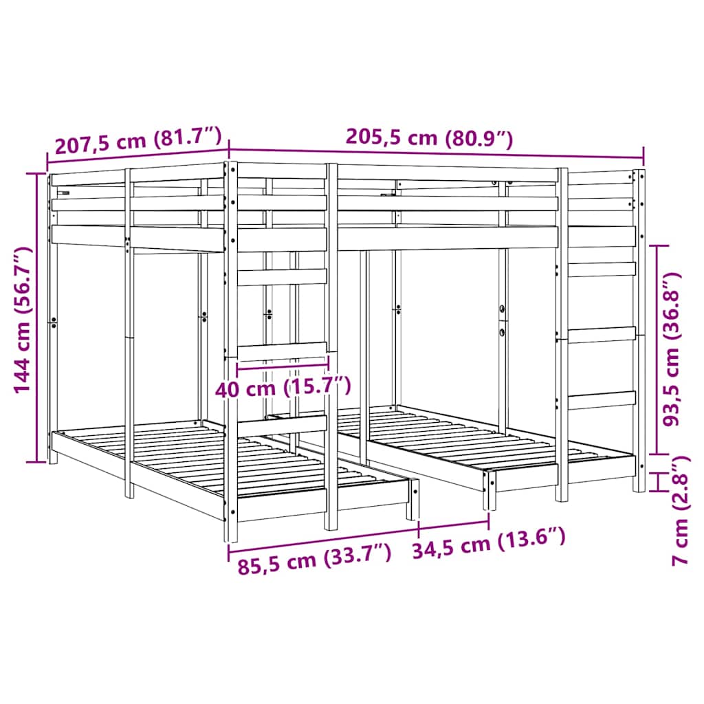 Trippel Køyesengramme Vokset Brun 200 x 200 cm Massiv furu - Bilde 9