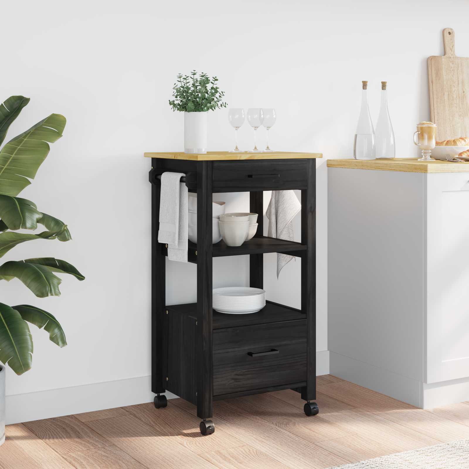 vidaXL Troler de Bucătărie MONZA Negru 48 x 40 x 88,5 cm