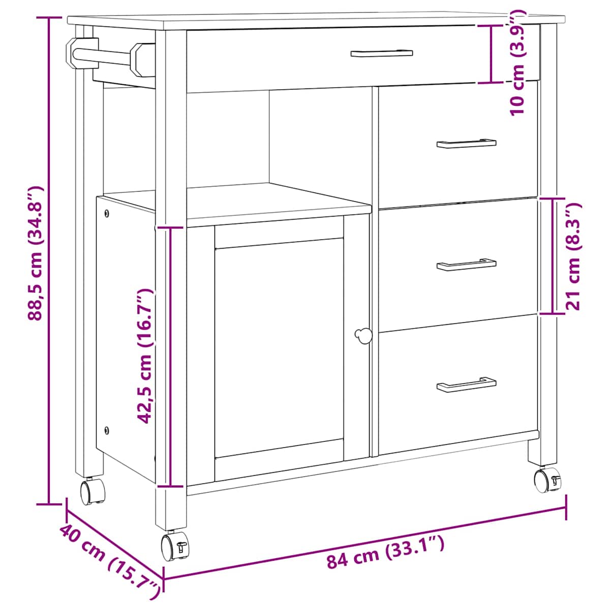 Køkkenvogn MONZA 84 x 40 x 88,5 cm Massivt fyrretræ - Billede 9