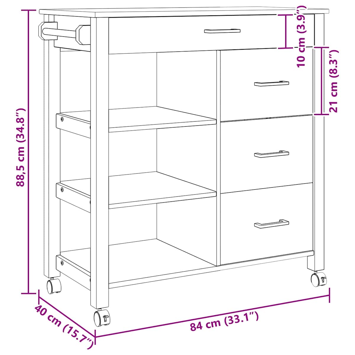 Køkkenvogn MONZA 84 x 40 x 88,5 cm Massivt fyrretræ - Billede 9