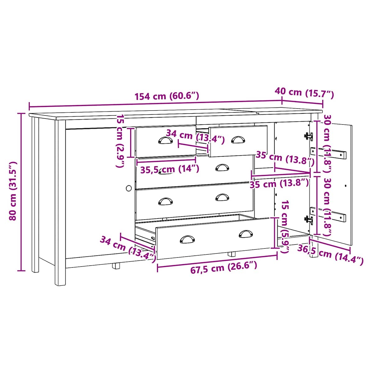 Sideboard HILL Honningbrun 154 x 40 x 80 cm Massivt fyrretræ - Billede 10