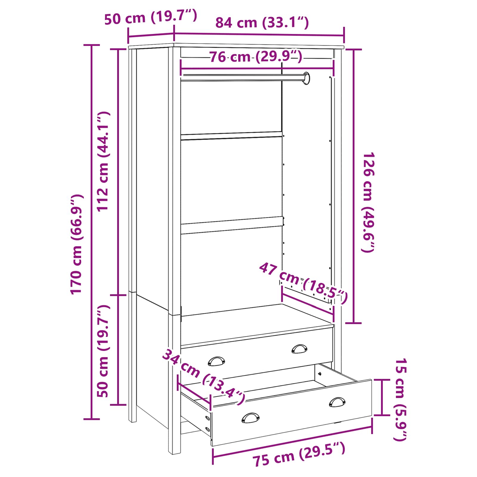 Kledingkast Honingbruin 84 x 50 x 170 cm Massief Vurenhout image 9