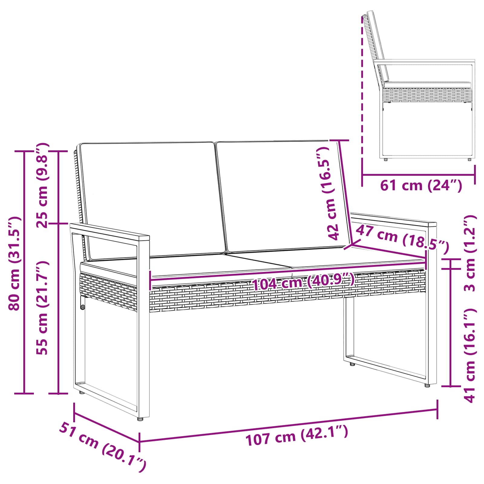 Zunanja klop Črna in turkizna 107 x 61 x 80 cm poli ratan - slika 11