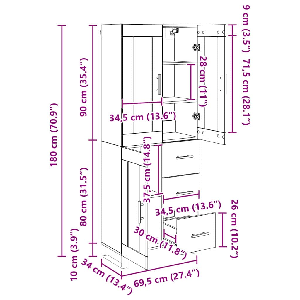 Vysoký bufet Staré dřevo 69,5 x 34 x 180 cm kompozitní dřevo - obrázek 15