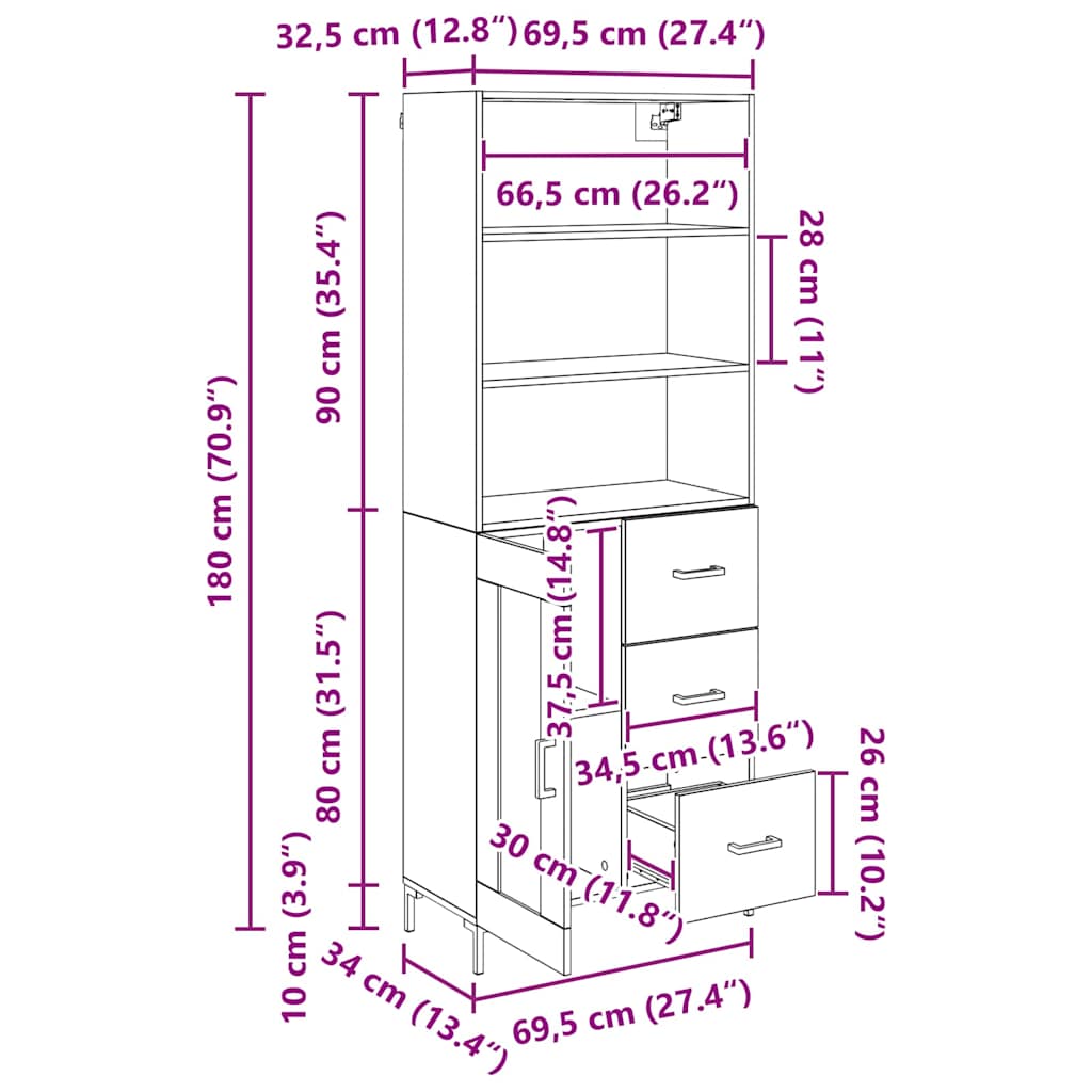 Vysoký bufet Staré dřevo 69,5 x 34 x 180 cm kompozitní dřevo - obrázek 15