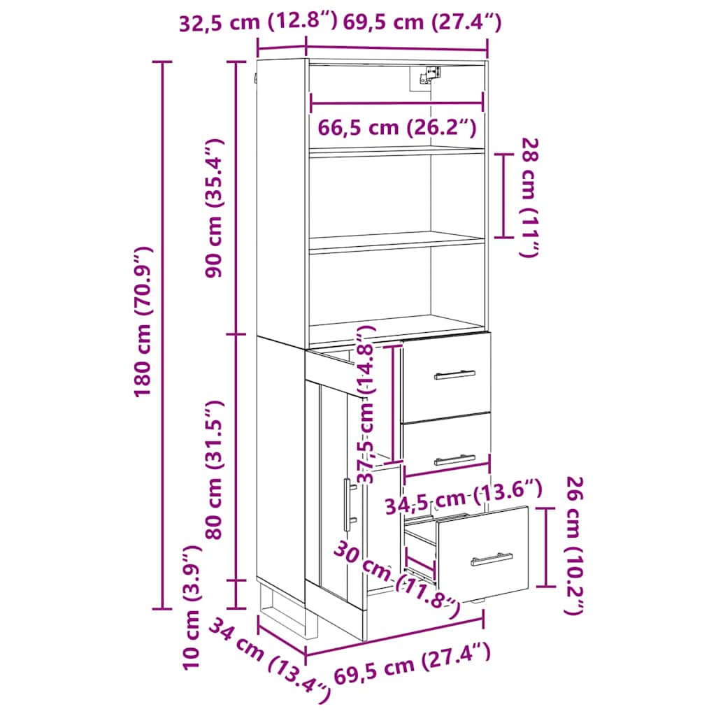 Vysoký bufet Staré dřevo 69,5 x 34 x 180 cm kompozitní dřevo - obrázek 15