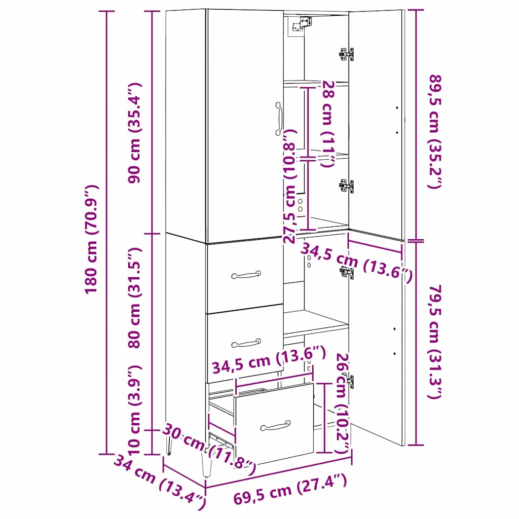 Vysoký bufet Staré dřevo 69,5 x 34 x 180 cm kompozitní dřevo - obrázek 15