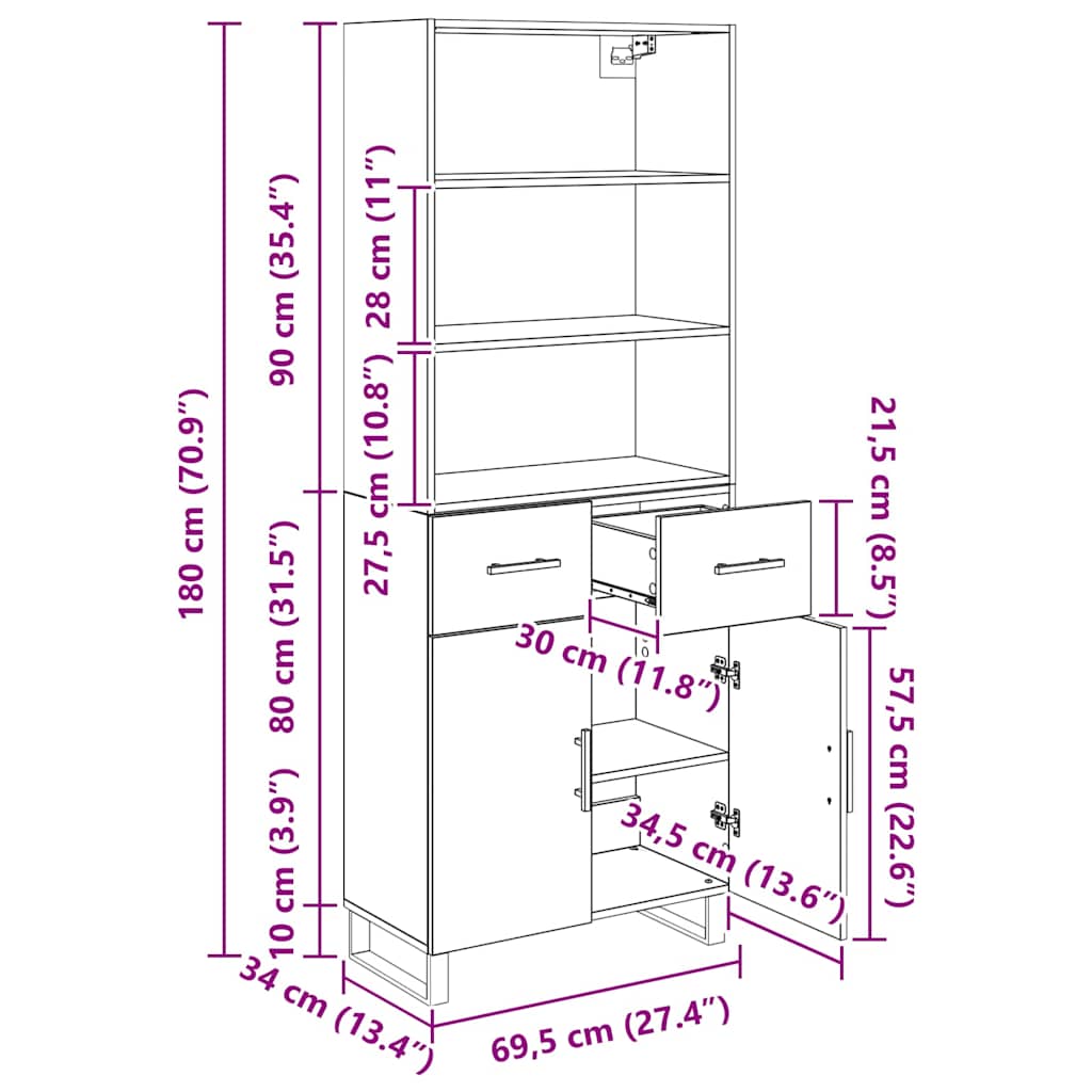Vysoký bufet Staré dřevo 69,5 x 34 x 180 cm kompozitní dřevo - obrázek 14