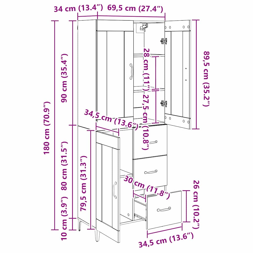 Vysoký bufet Staré dřevo 69,5 x 34 x 180 cm kompozitní dřevo - obrázek 15