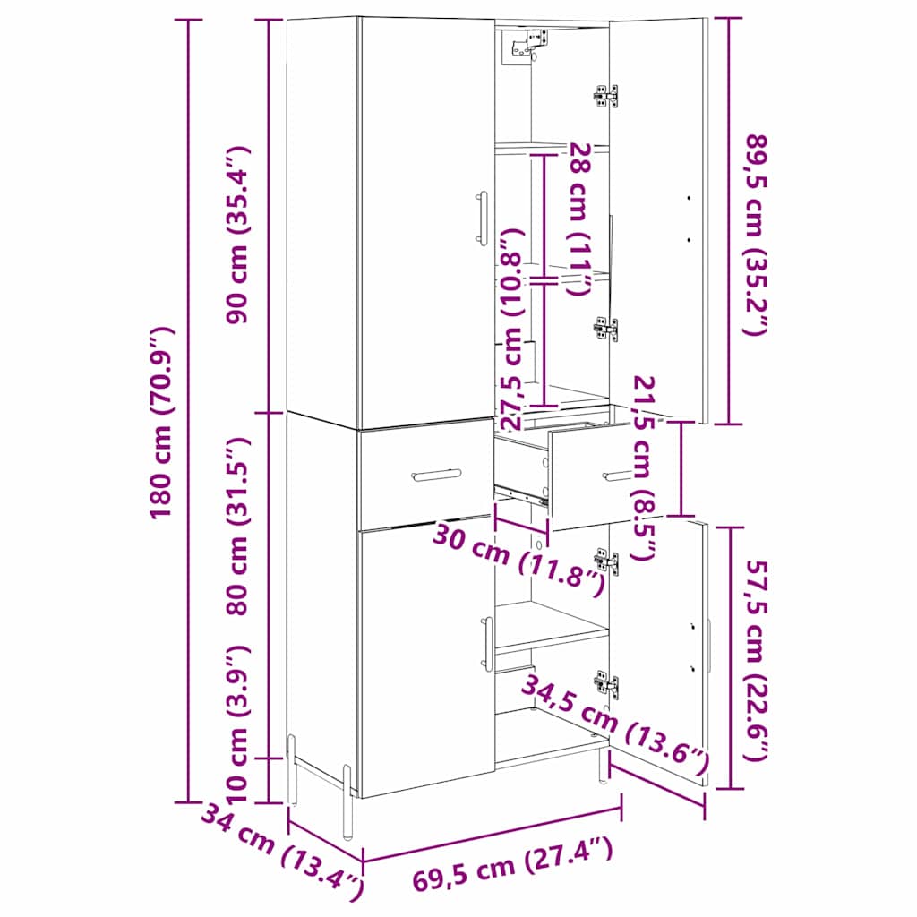 Vysoký bufet Staré dřevo 69,5 x 34 x 180 cm kompozitní dřevo - obrázek 14