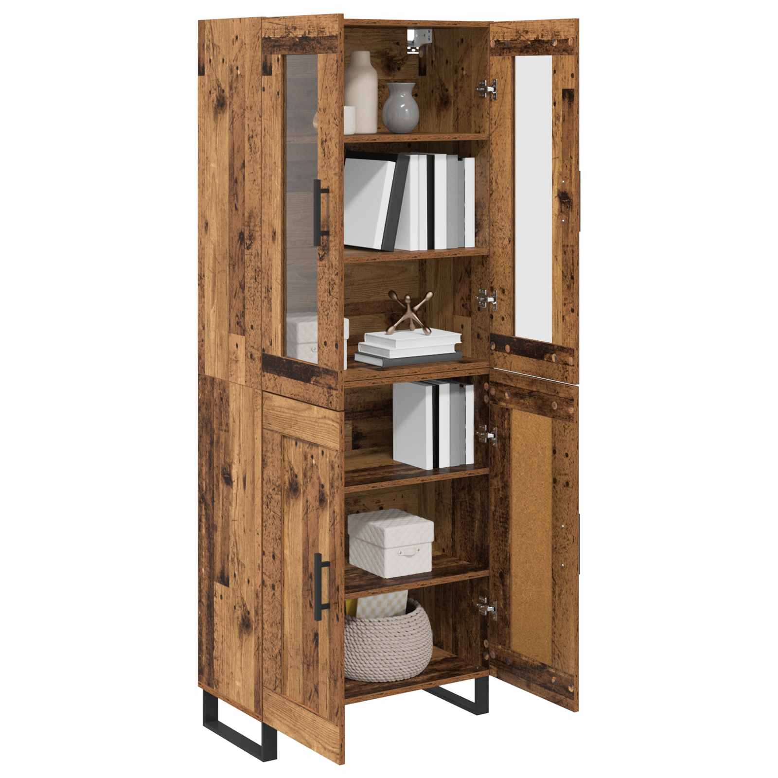 vidaXL Hoge kast 2 pcs Oud Hout Geengineerd Hout en Glas