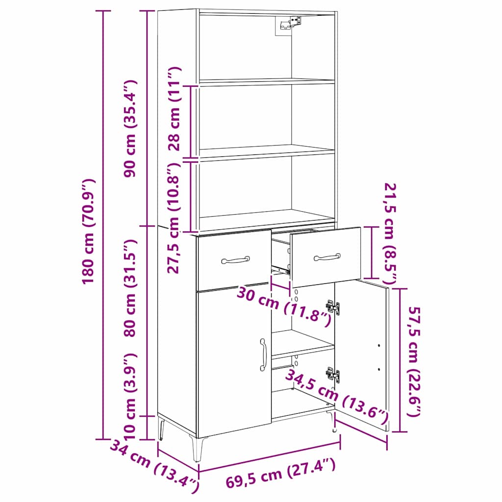 Vysoký bufet Staré dřevo 69,5 x 34 x 180 cm kompozitní dřevo - obrázek 14