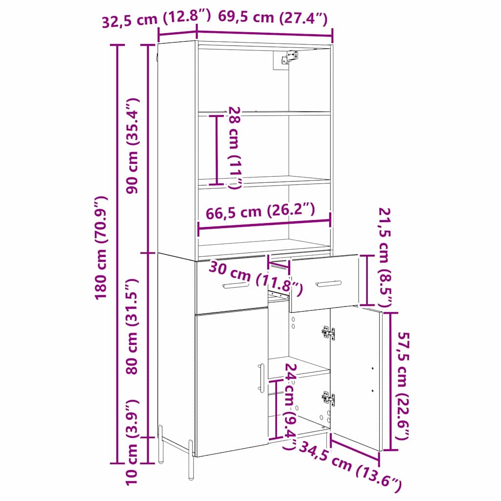 Vysoký bufet Staré dřevo 69,5 x 32,5 x 180 cm kompozitní dřevo - obrázek 14