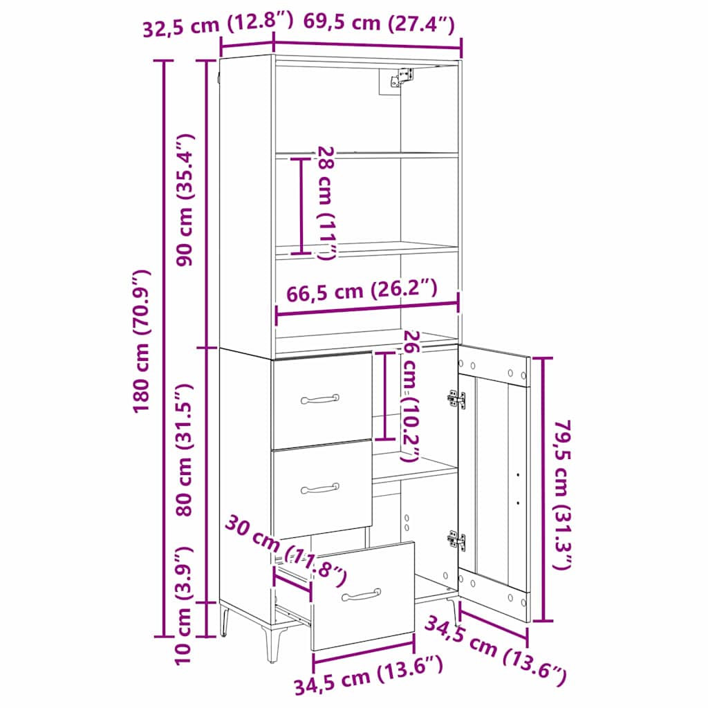 Vysoký bufet Staré dřevo 69,5 x 34 x 180 cm kompozitní dřevo - obrázek 15