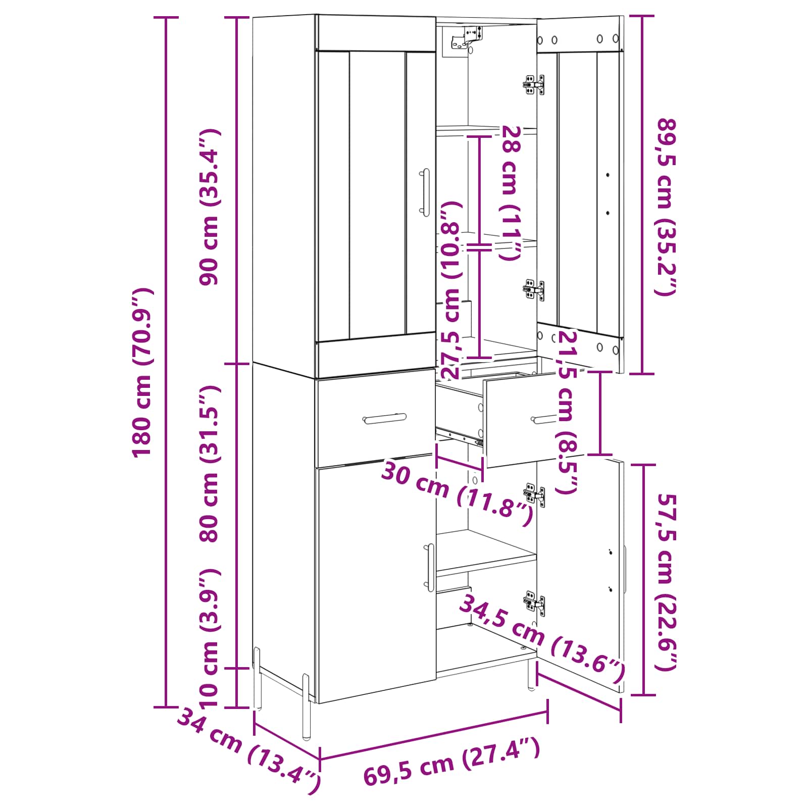 Vysoký bufet Staré dřevo 69,5 x 34 x 180 cm kompozitní dřevo - obrázek 14