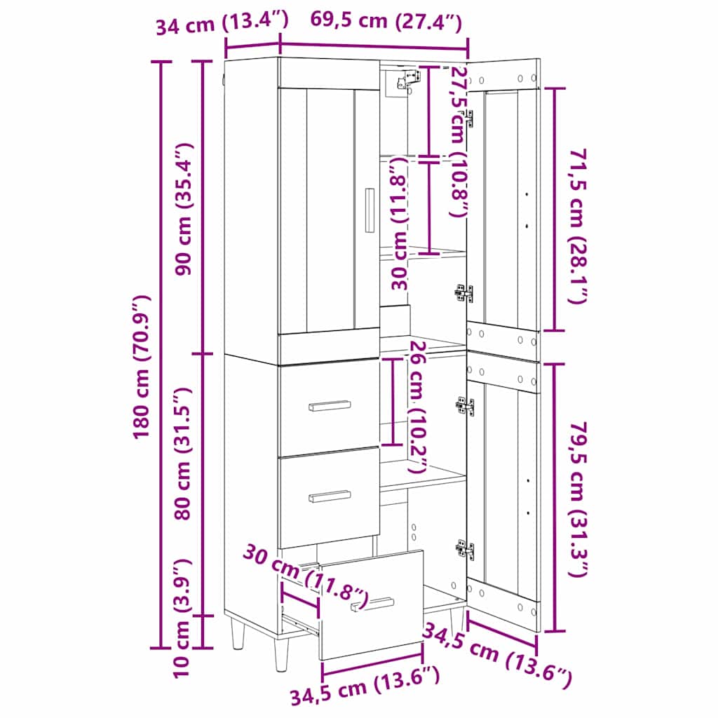 Vysoký bufet Staré dřevo 69,5 x 34 x 180 cm kompozitní dřevo - obrázek 15