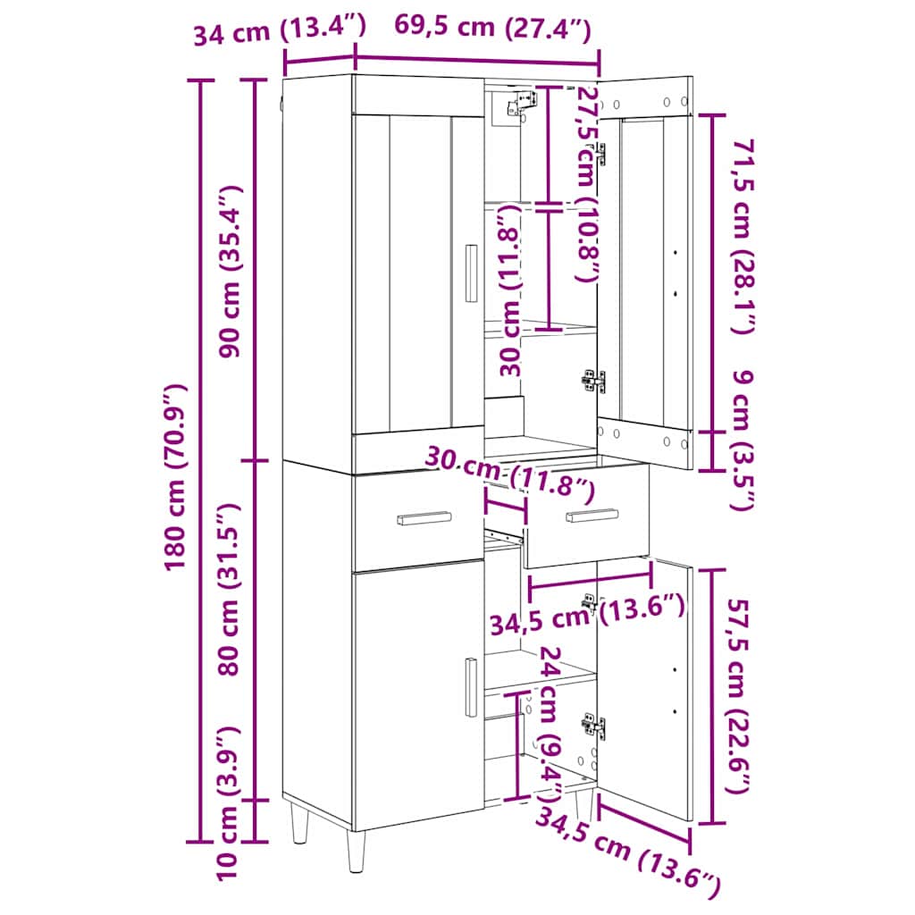 Vysoký bufet Staré dřevo 69,5 x 34 x 180 cm kompozitní dřevo - obrázek 14