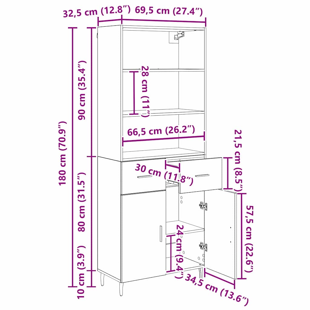 Vysoký bufet se zásuvkou Staré dřevo 69,5 x 34 x 180 cm - obrázek 14