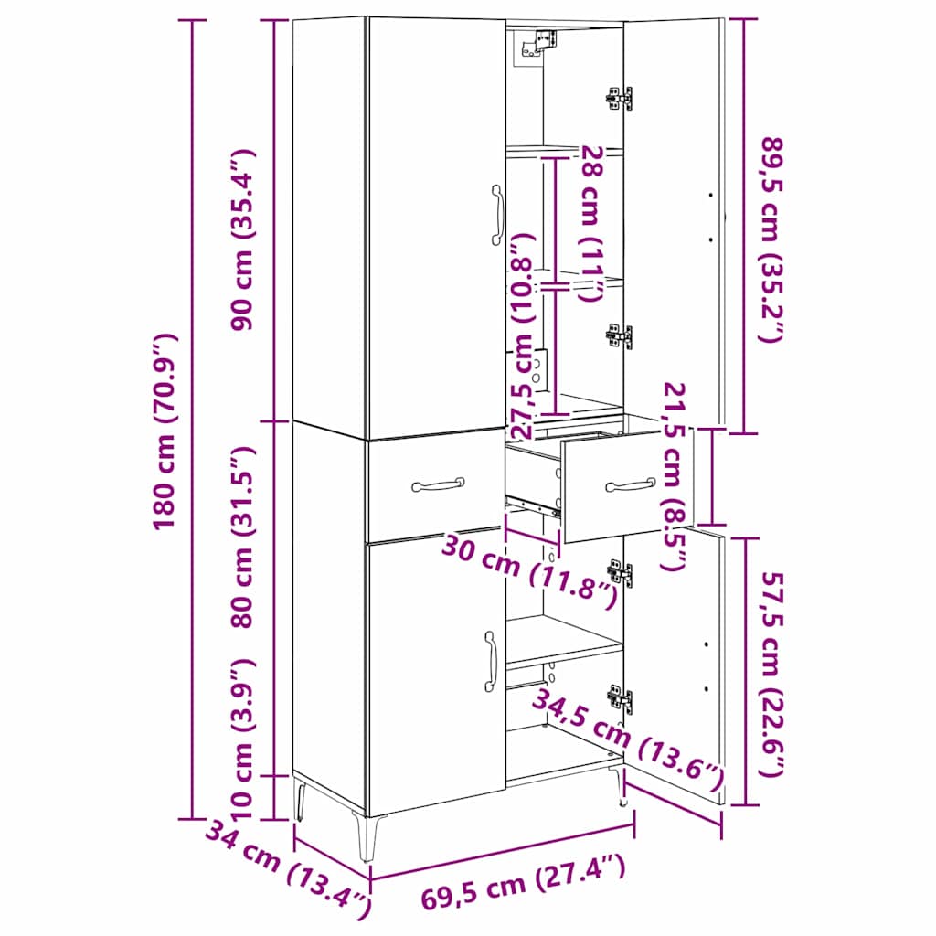 Vysoký bufet Staré dřevo 69,5 x 34 x 180 cm kompozitní dřevo - obrázek 14
