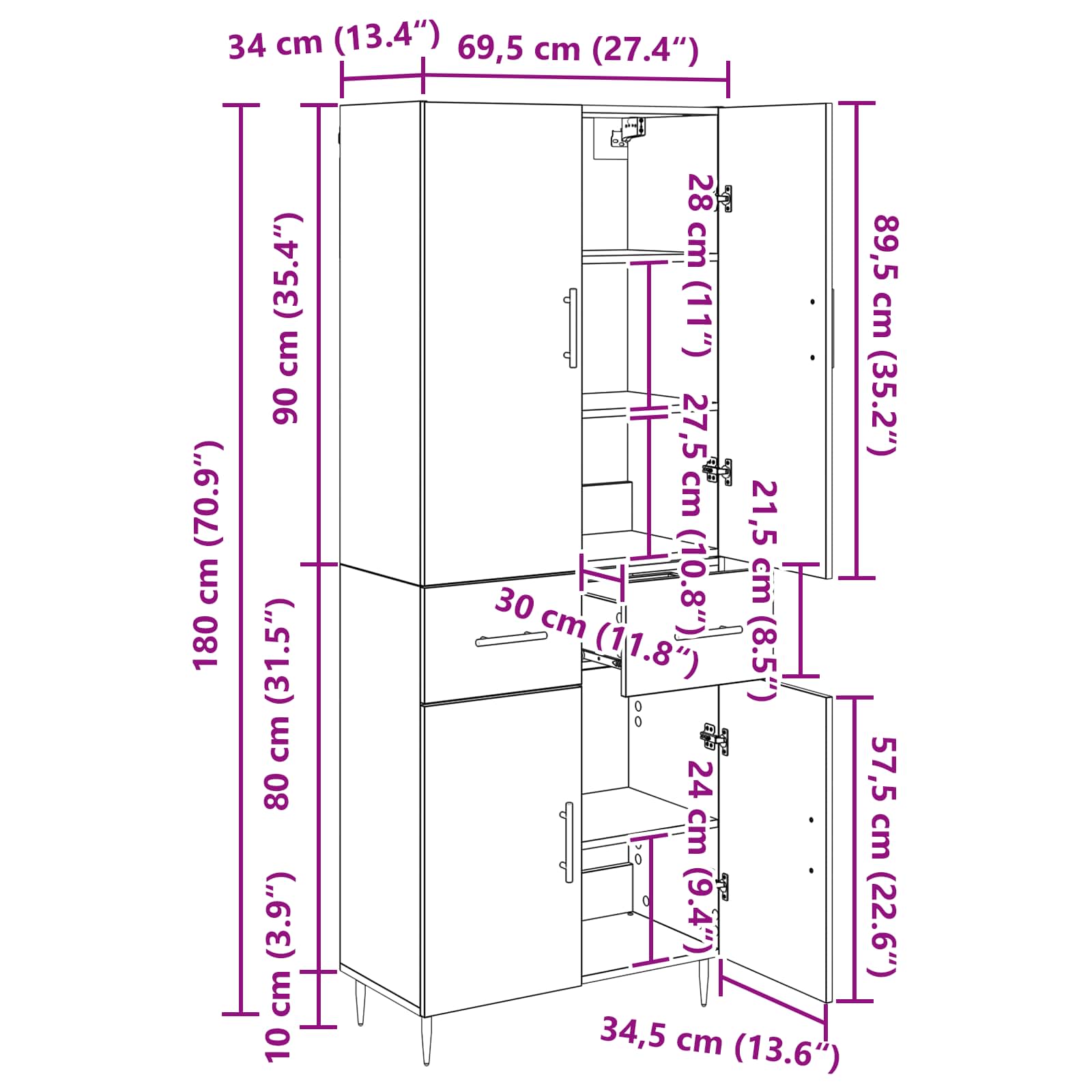 Vysoký bufet Staré dřevo 69,5 x 34 x 180 cm kompozitní dřevo - obrázek 14