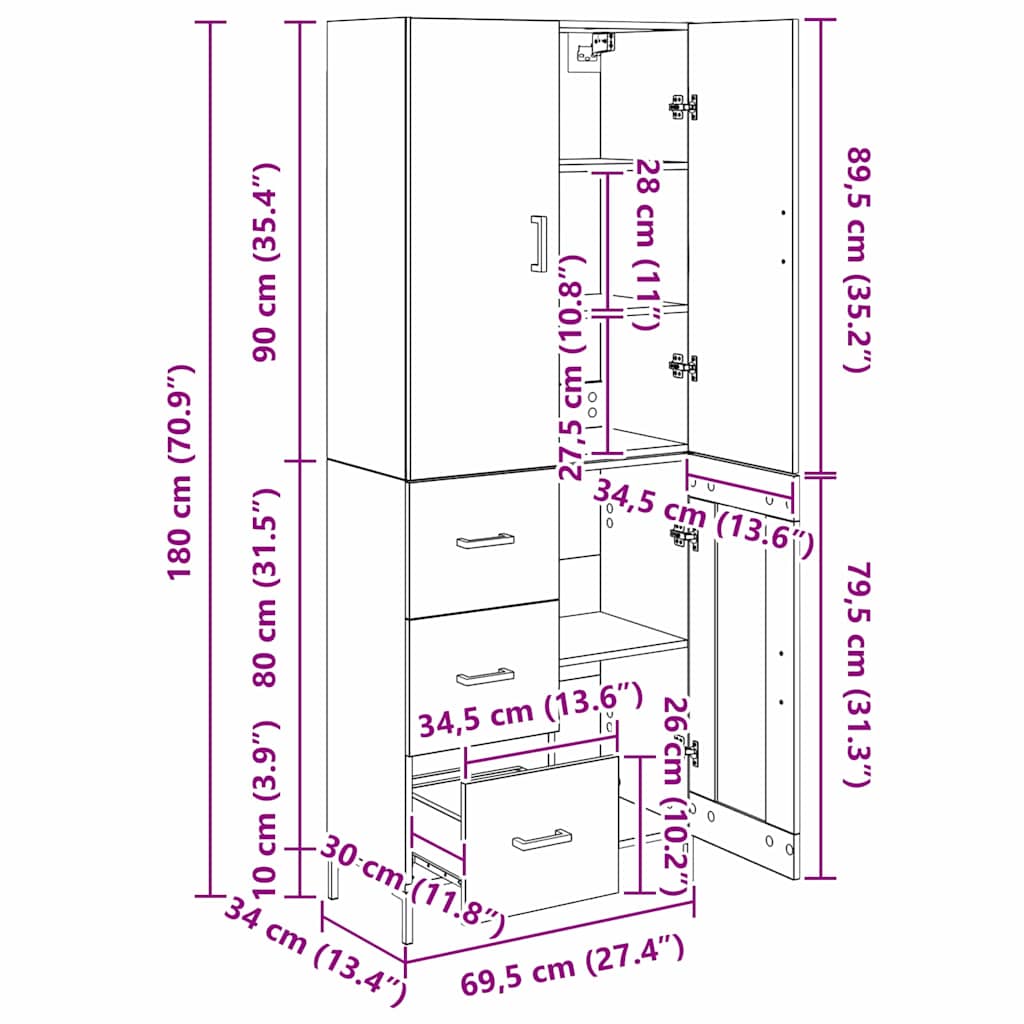 Vysoký bufet Staré dřevo 69,5 x 34 x 180 cm kompozitní dřevo - obrázek 15