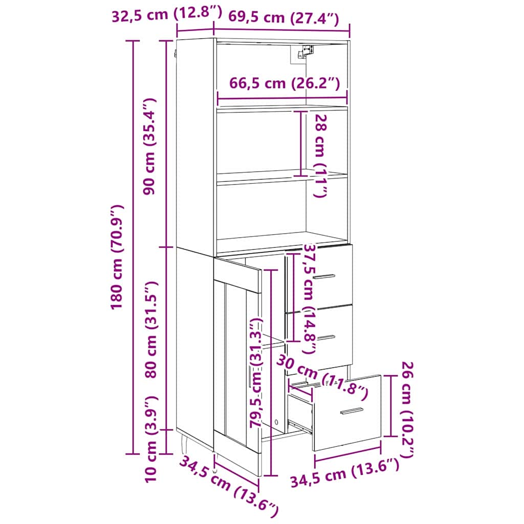 Vysoký bufet se zásuvkou Staré dřevo 69,5 x 34 x 180 cm - obrázek 14