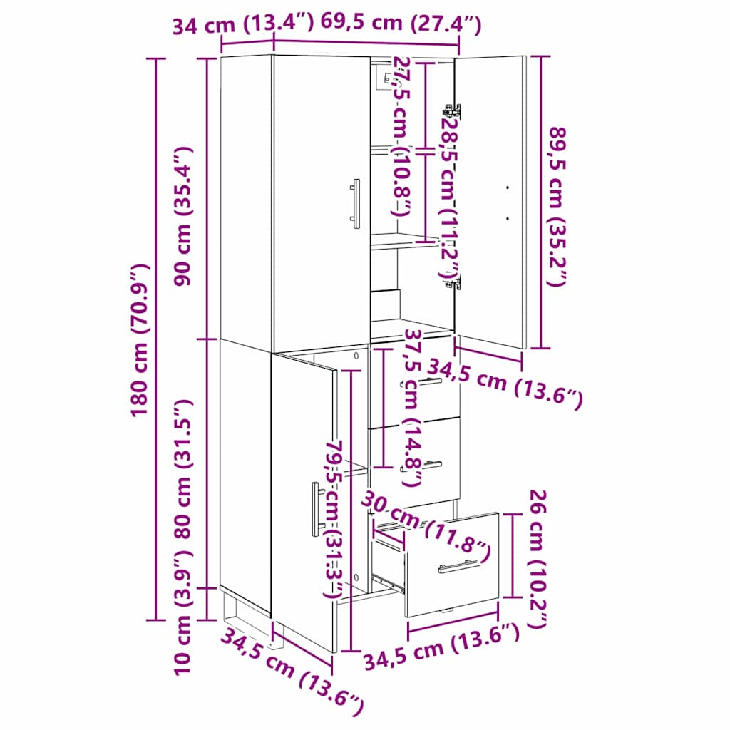 Vysoký bufet se zásuvkou 2 pcs Staré dřevo 69,5 x 34 x 180 cm - obrázek 14