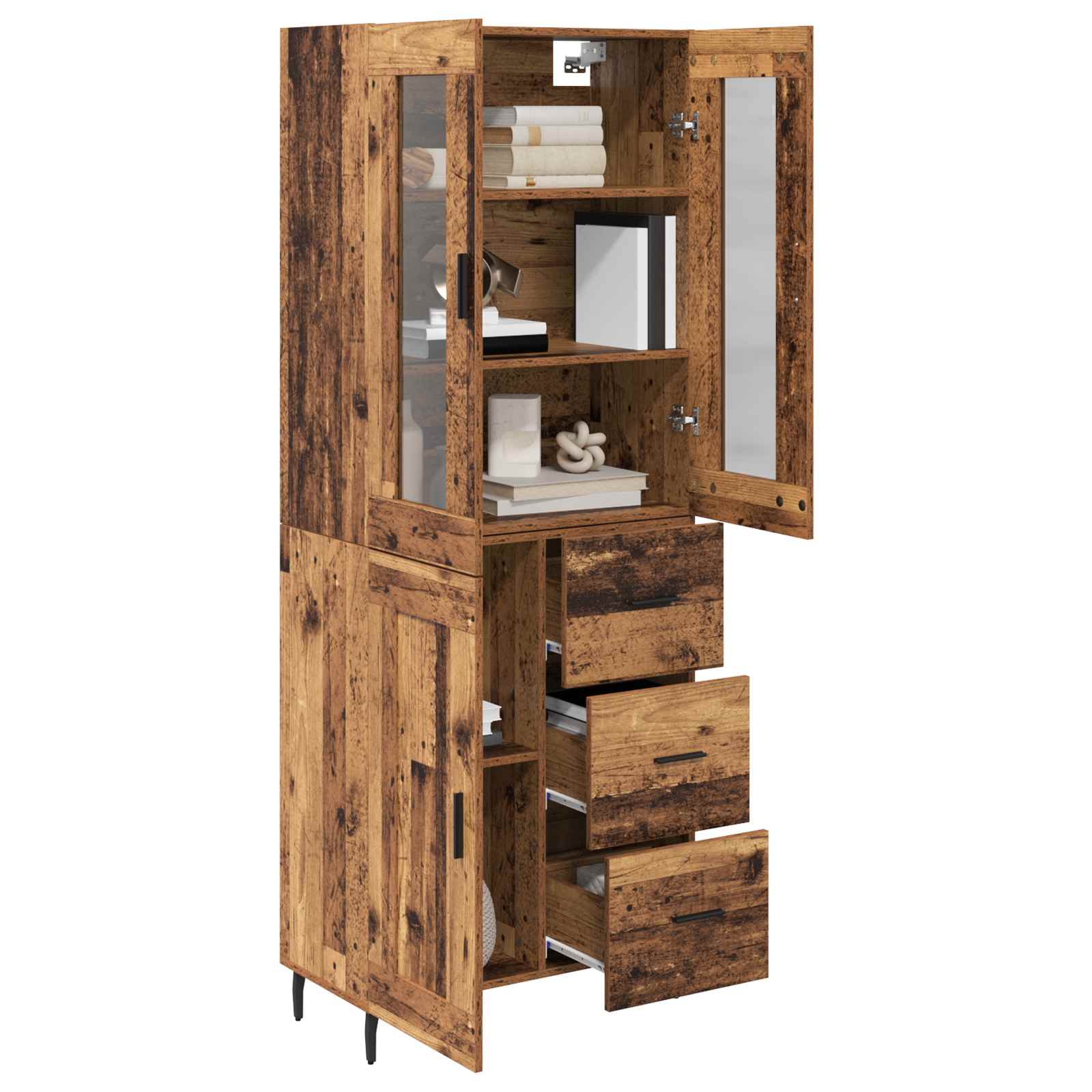 vidaXL Hoge kast met lade 2 pcs Oud Hout Geengineerd Hout en Glas