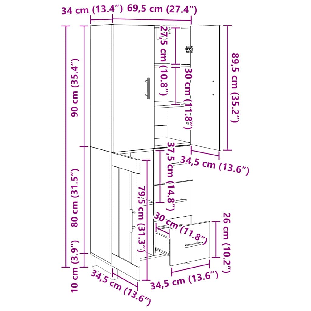 Vysoký bufet se zásuvkou 2 pcs Staré dřevo 69,5 x 34 x 180 cm - obrázek 14