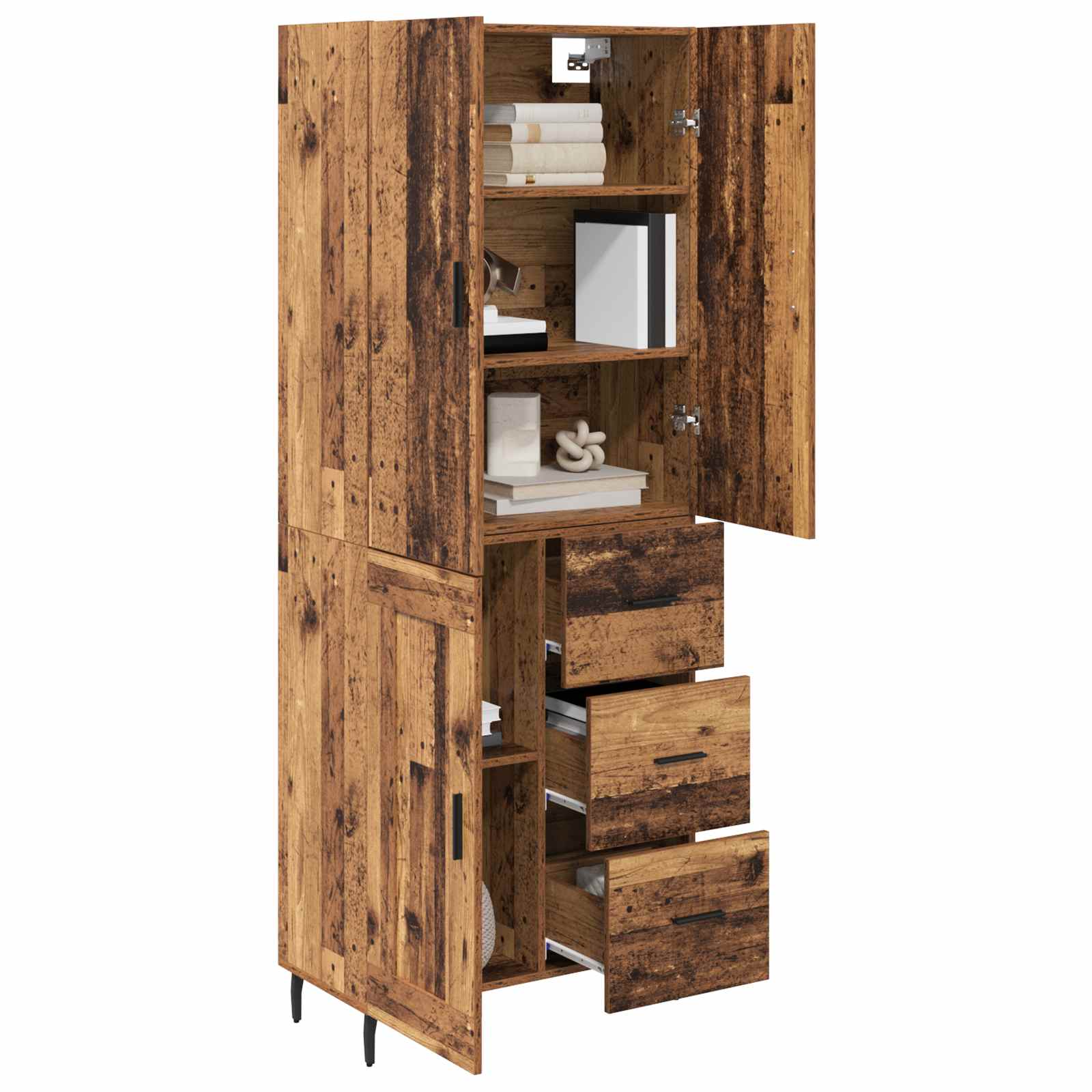 vidaXL Hoge kast Oud Hout 69,5 x 34 x 180 cm Geengineerd Hout en Glas