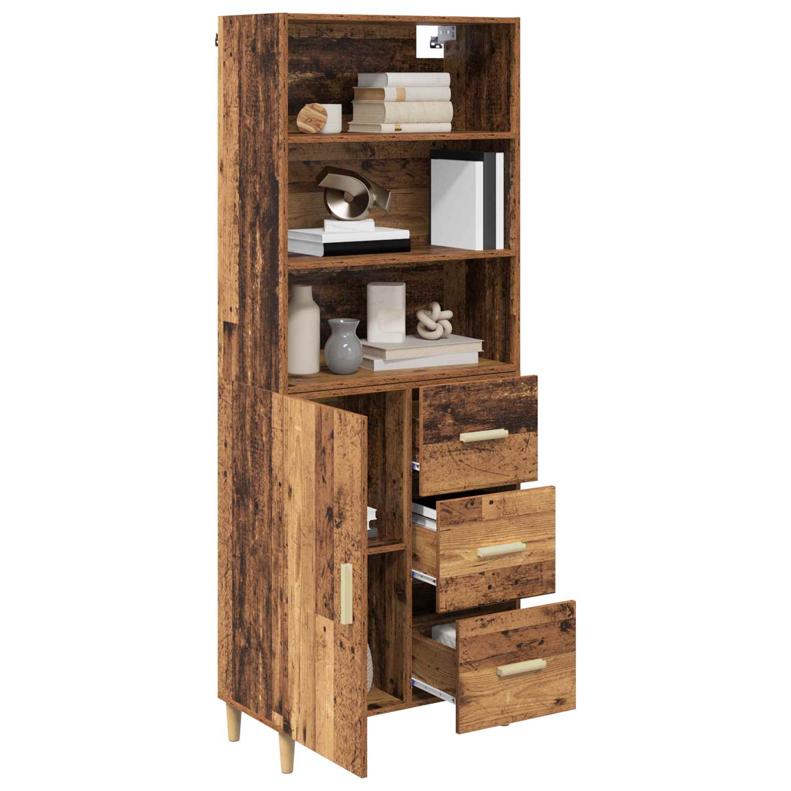 vidaXL Hoge kast met lade Oud Hout 69,5 x 32,5 x 180 cm Bewerkt hout