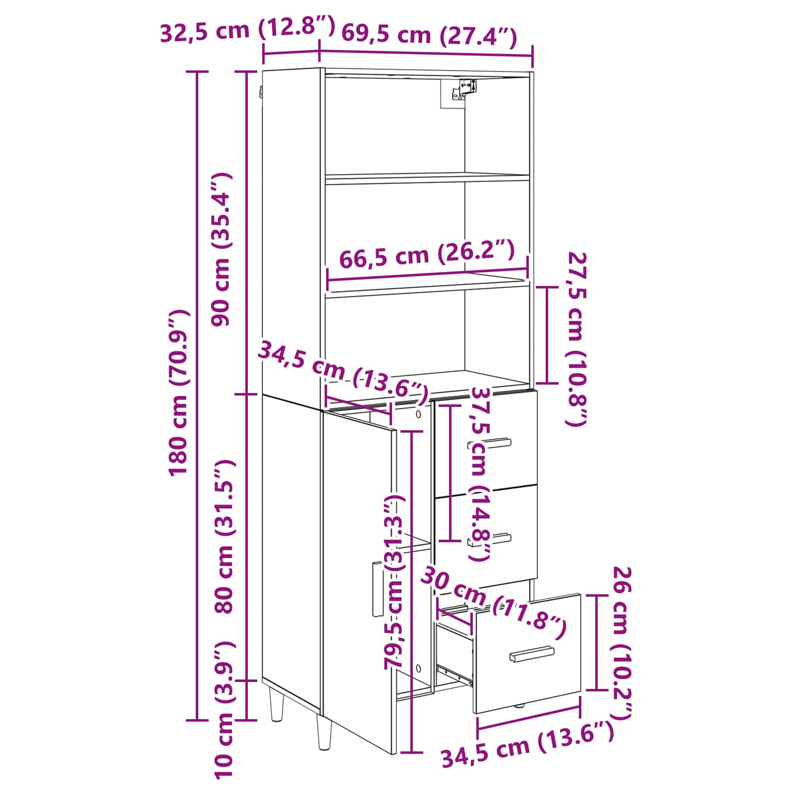 Vysoký bufet Staré dřevo 69,5 x 32,5 x 180 cm kompozitní dřevo - obrázek 15
