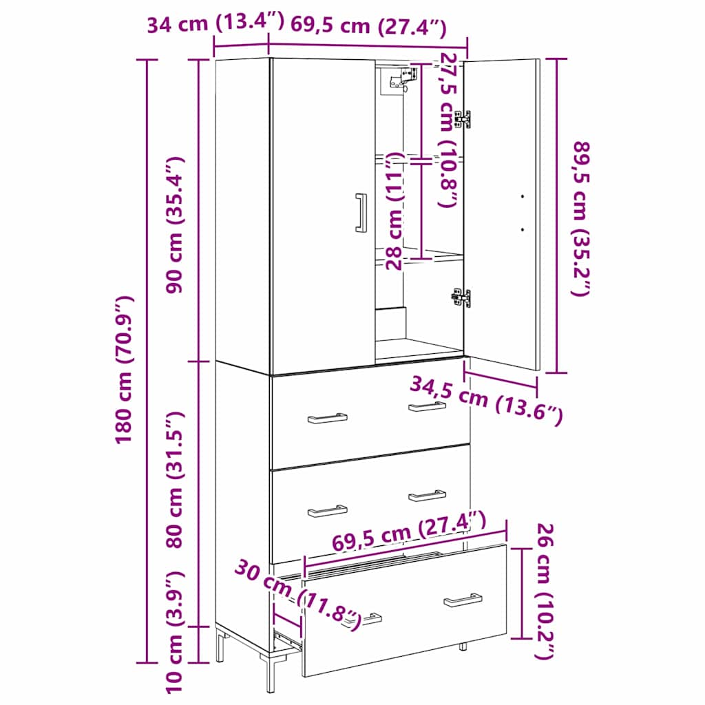 Vysoký bufet Staré dřevo 69,5 x 34 x 180 cm kompozitní dřevo - obrázek 14