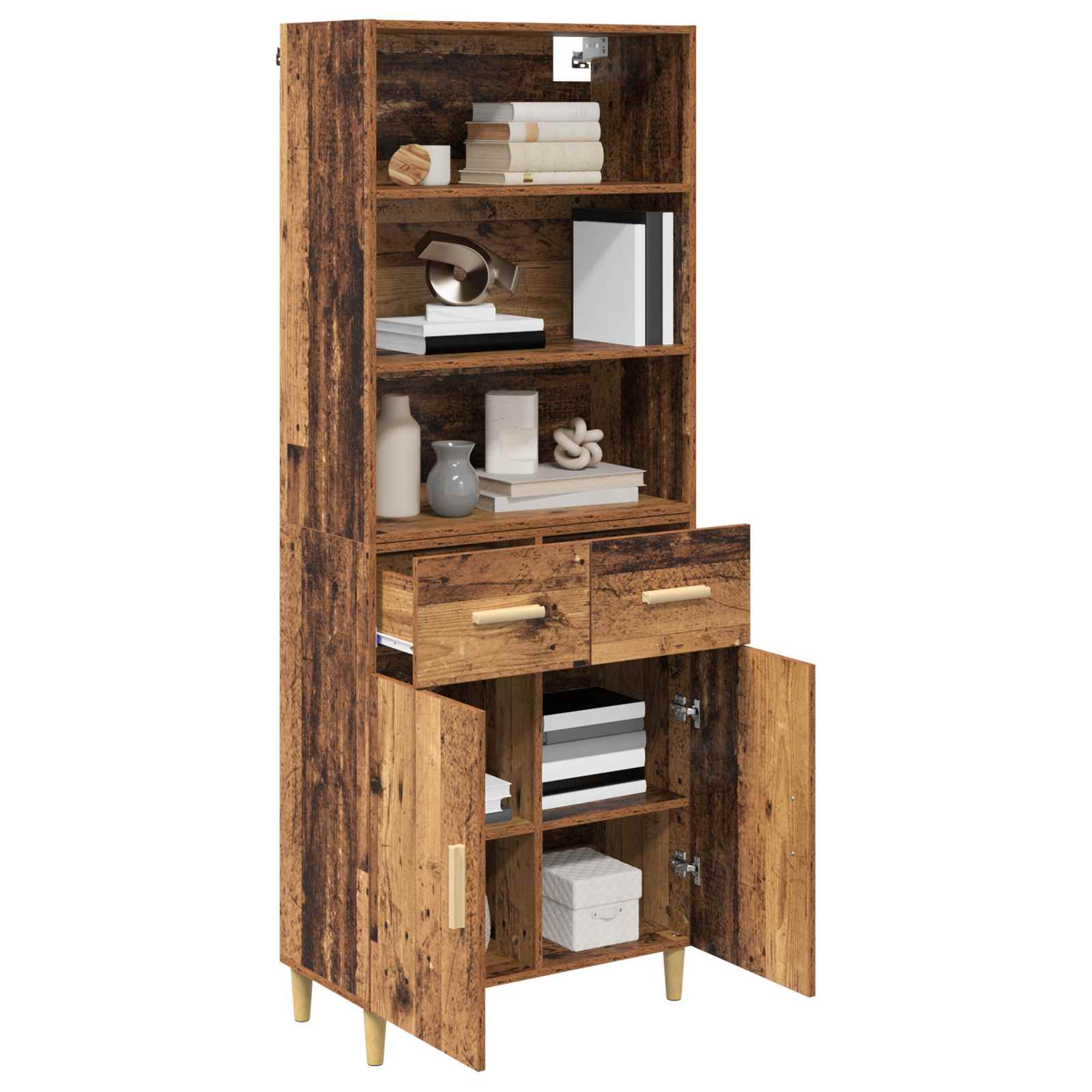 vidaXL Hoge kast met lade Oud Hout 69,5 x 32,5 x 180 cm Bewerkt hout