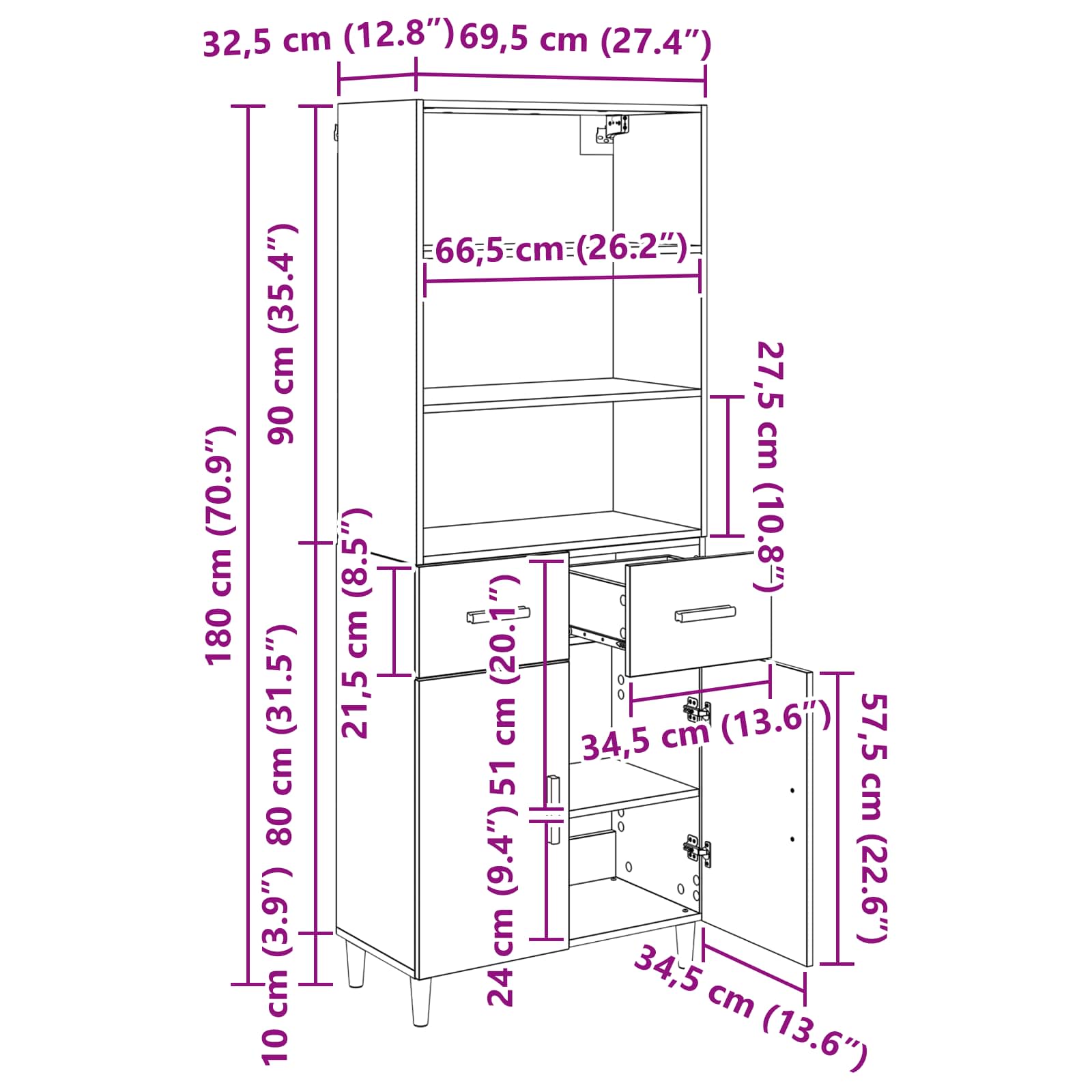 Vysoký bufet Staré dřevo 69,5 x 32,5 x 180 cm kompozitní dřevo - obrázek 14