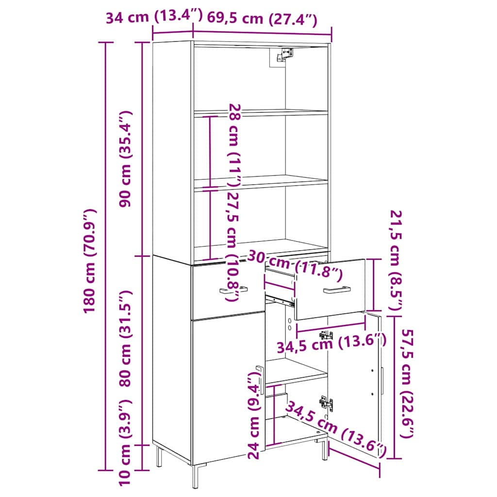 Vysoký bufet Staré dřevo 69,5 x 34 x 180 cm kompozitní dřevo - obrázek 14