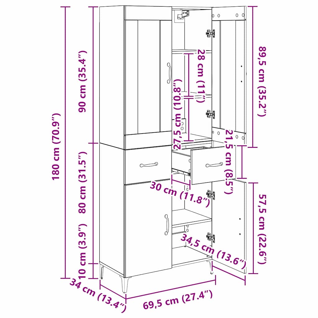 Vysoký bufet Staré dřevo 69,5 x 34 x 180 cm kompozitní dřevo - obrázek 14