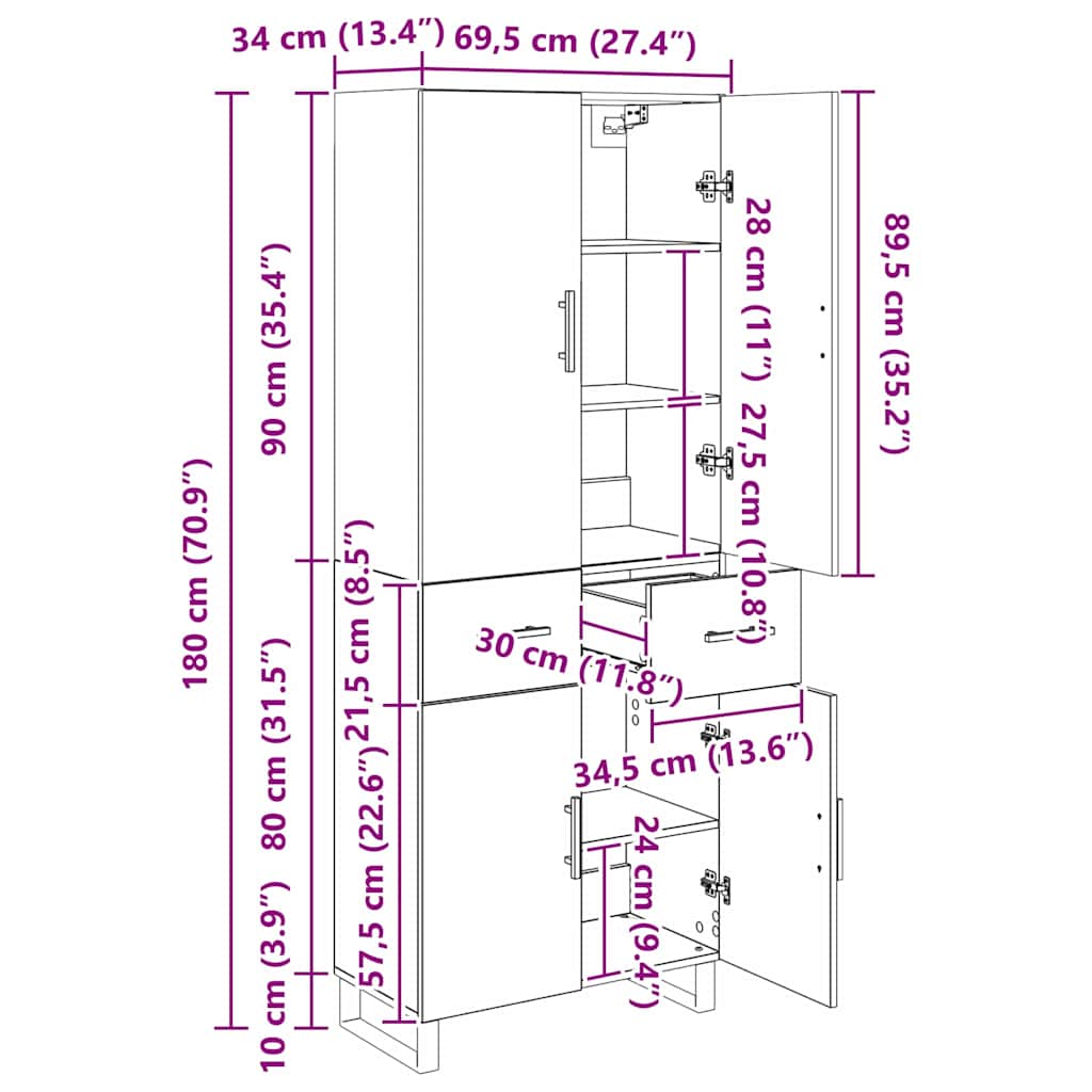 Vysoký bufet se zásuvkou 2 pcs Staré dřevo 69,5 x 34 x 180 cm - obrázek 14