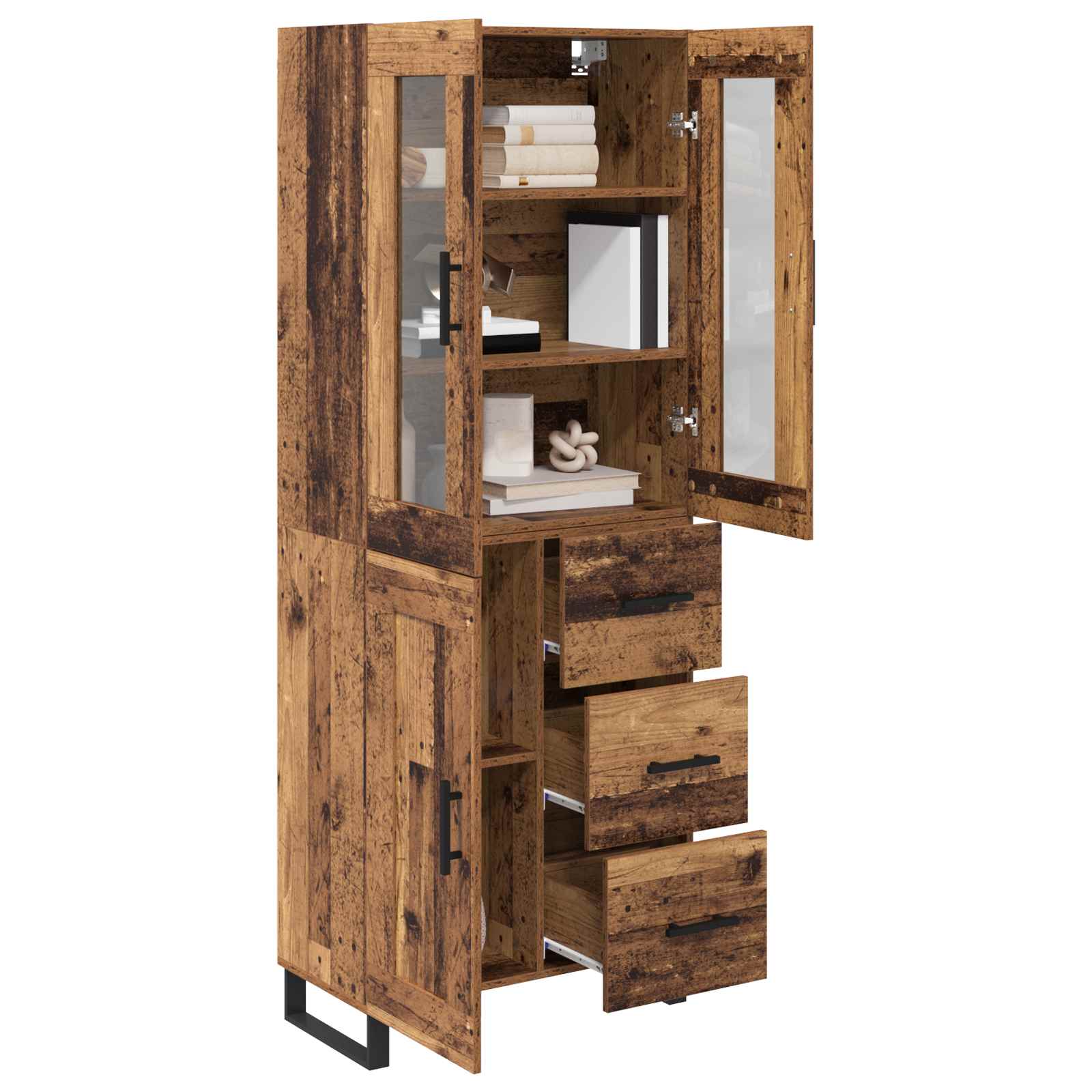 vidaXL Hoge kast met lade 2 pcs Oud Hout Geengineerd Hout en Glas